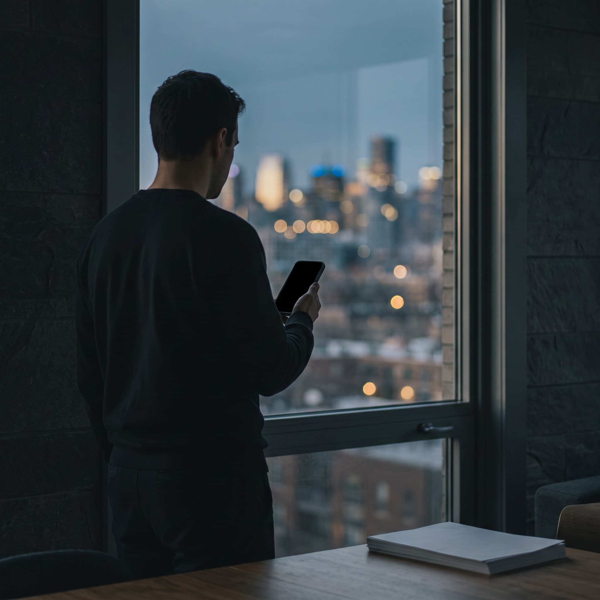 Person at a window holding a phone at dusk