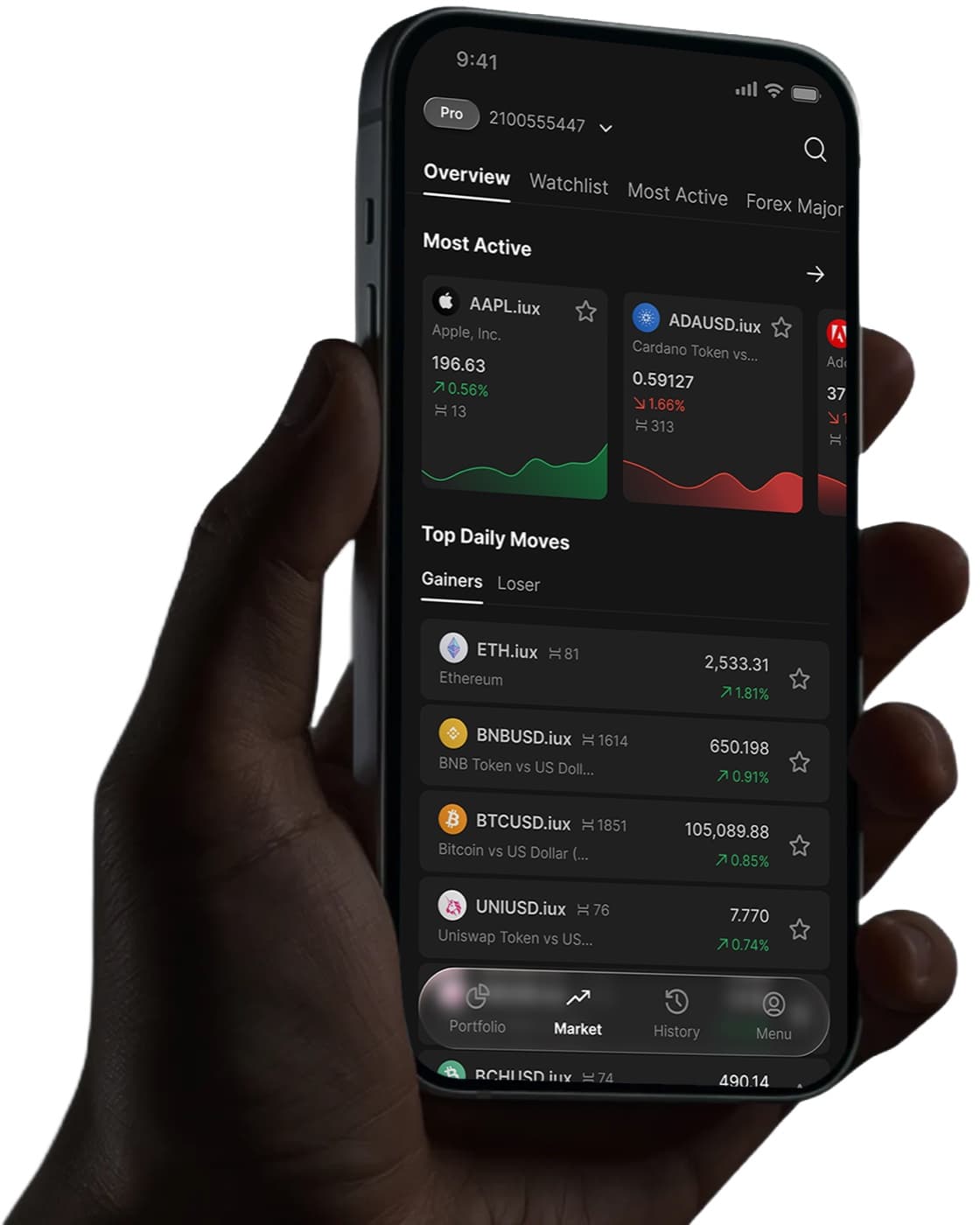 IUX App in hand showing the market overview with most active instruments and daily movers