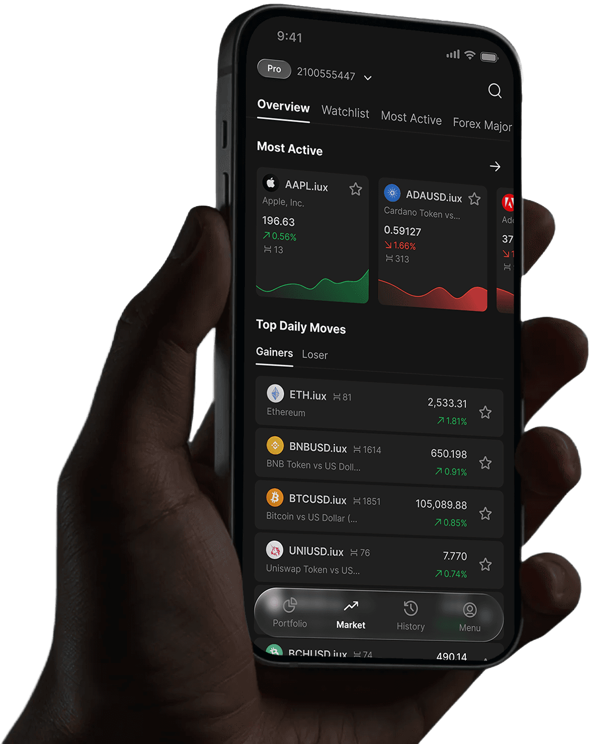 IUX App market overview shown on a phone held in hand